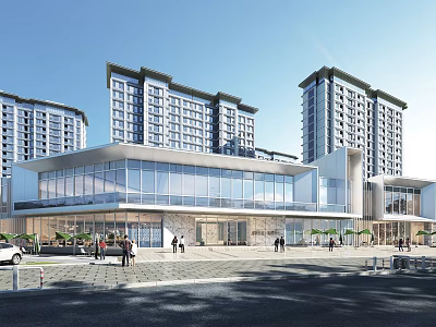 Modern Sales Office Building With Glass Curtain Wall Front Plaza And High Rise Residential Buildings 3d model