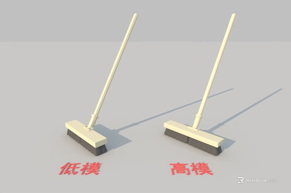 Low Poly and High Poly Mop 3D Models Displayed in Simple Render 3d model