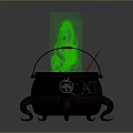 Black Cauldron With Green Flame Red Hook And Decorative Legs