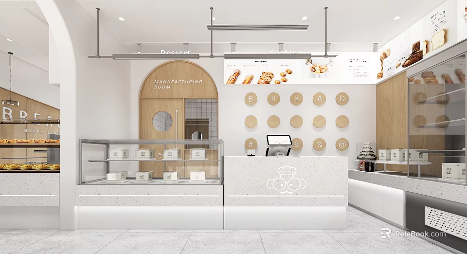 Bright Modern Dessert Shop Interior With Glass Display Cases Fresh Pastries And White Counter 3d model 