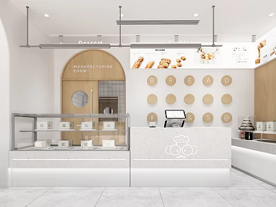 Bright Modern Dessert Shop Interior With Glass Display Cases Fresh Pastries And White Counter 3d model
