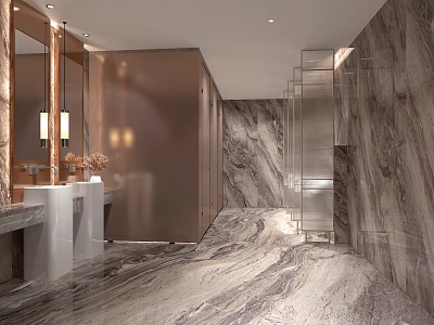 Modern Public Toilet Interior With Marble Walls Floors Washbasins Mirrors And Lighting Stalls 3d model