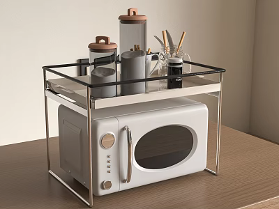 Kitchen Countertop Microwave With Clear Acrylic Shelf Holding Wooden Lid Jars And Utensil Container 3d model