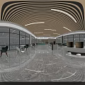 Spacious Modern Lobby Interior With Glass Windows Wooden Ceiling Directional Signage And Comfortable Seating