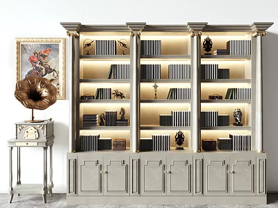 Elegant Classic Bookcase Interior Design With Illuminated Shelves Displaying Books And Decorations 3d model