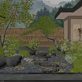 Japanese Courtyard Garden With Bamboo Fence Stepping Stones Pebbles And Lush Greenery