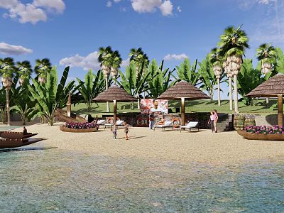 Scenic Tropical Beach View With Palm Trees Umbrellas Sandy Shore And Clear Blue Water 3d model