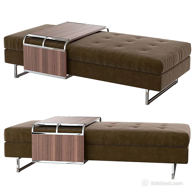 Modern Brown Tufted Sofa Bench With Wooden Side Table And Metal Legs 3d model 