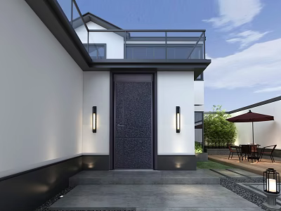 Traditional Chinese Garden Landscape With Courtyard Entrance White Walls Dark Door Stone Steps And Greenery 3d model