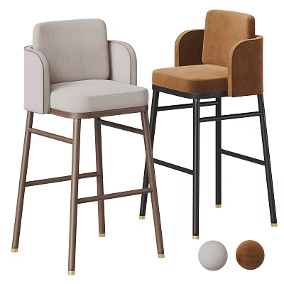 Beige And Brown Upholstered Bar Stools With Armrests Wooden And Black Legs Gold Accents 3d model