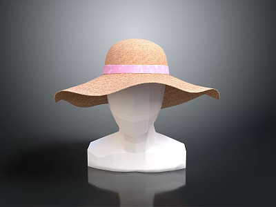 Fashionable Wide Brim Straw Hat With Pink Ribbon For Summer 3d model