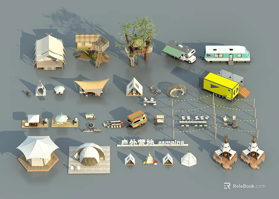 Outdoor Camping Tents Various Styles Including Camping Gear And RVs Setup Ideas 3d model 