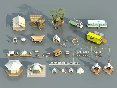 Outdoor Camping Tents Various Styles Including Camping Gear And RVs Setup Ideas 3d model