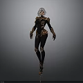 3D Rendered Female Character With Black And Gold Armor White Hair Standing In Gray Background
