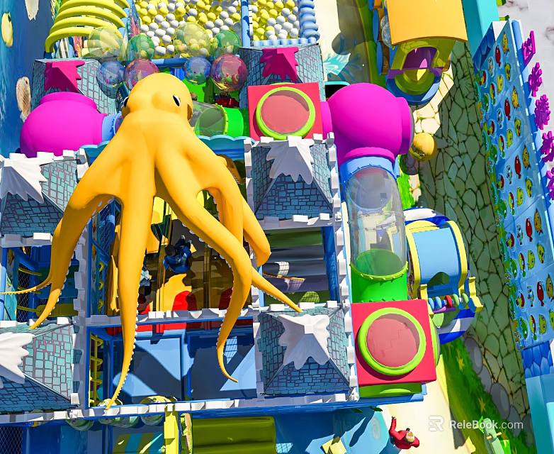 Colorful Multi Level Commercial Play Equipment Featuring Yellow Octopus Structure With Interactive Play Elements 3d model 