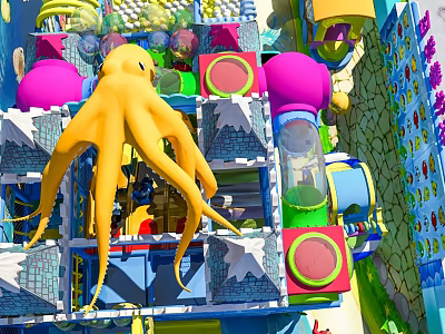 Colorful Multi Level Commercial Play Equipment Featuring Yellow Octopus Structure With Interactive Play Elements 3d model