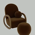 Brown Velvet Single Seater Sofa With Wooden Circular Armrests Round Cushion And Matching Ottoman