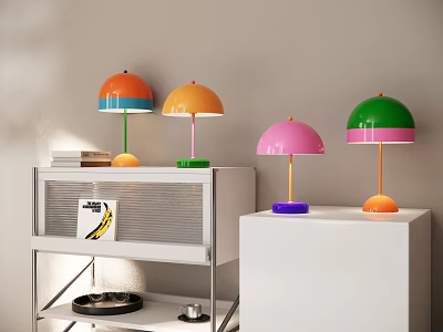 Colorful Table Lamps in Orange Pink Green on White Cabinets for Home Interior Decor 3d model