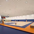 Modern Basketball Gymnasium Interior with Court Hoops Scoreboard Benches and Lighting