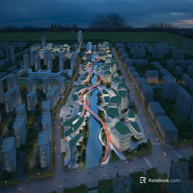 Urban City Aerial Planning with River Green Spaces Roads and Modern Buildings 3d model 