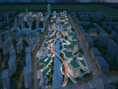 Urban City Aerial Planning with River Green Spaces Roads and Modern Buildings 3d model