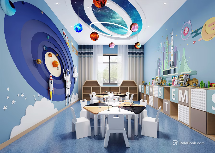 School Classroom with Space Theme Decor Blue Walls Hanging Planets Big Table White Chairs Bookshelves 3d model 