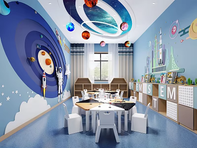 School Classroom with Space Theme Decor Blue Walls Hanging Planets Big Table White Chairs Bookshelves 3d model