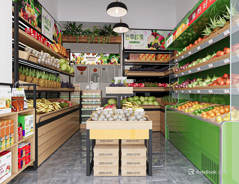 Supermarket Grocery Store Interior With Fresh Fruits Vegetables On Shelves And Display Tables 3d model 