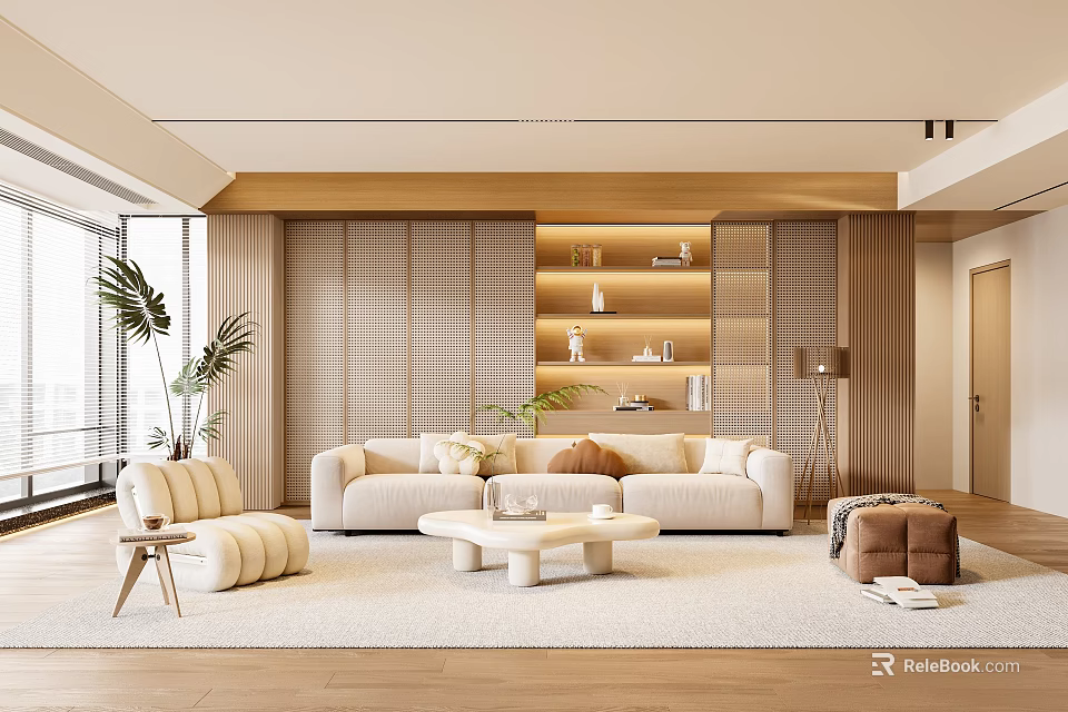Modern Living Room Interior With Beige Sofa Coffee Table Rug And Wooden Bookshelf 3d model 