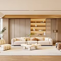 Modern Living Room Interior With Beige Sofa Coffee Table Rug And Wooden Bookshelf