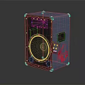 Light Blue And Black Electronic Speaker With Mesh Front Panel Square Port And Pink Logo
