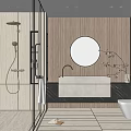 Modern Bathroom Interior Design With Glass Shower Round Mirror Wooden Wall And White Basin Elements