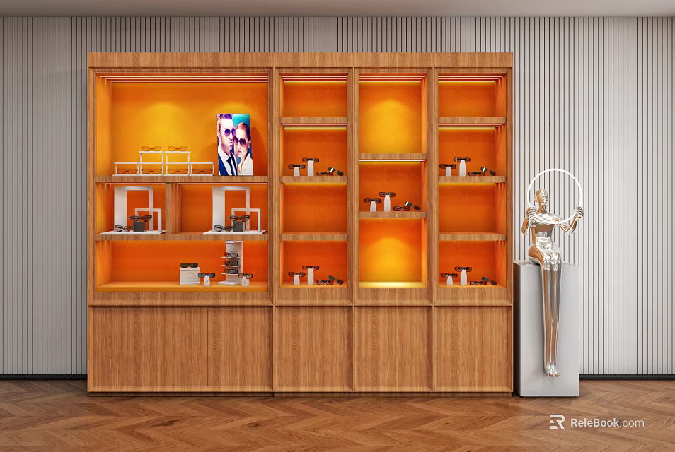 Wooden Display Shelves Featuring Multiple Compartments and Warm Lighting for Product Showcase 3d model 