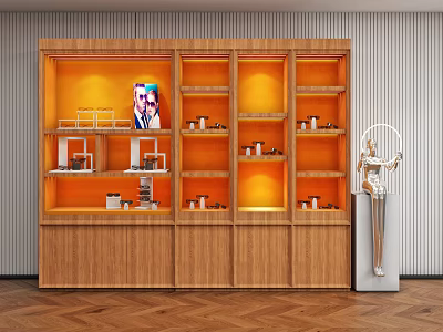 Wooden Display Shelves Featuring Multiple Compartments and Warm Lighting for Product Showcase 3d model