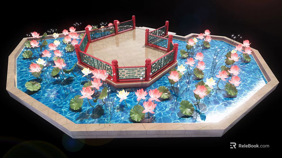 Octagonal Red Railed Platform Surrounded By Pool With Pink White Lotus Flowers And Green Leaves 3d model 