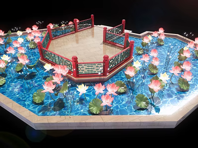 Octagonal Red Railed Platform Surrounded By Pool With Pink White Lotus Flowers And Green Leaves 3d model