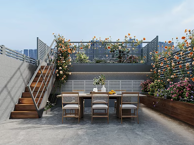 Roof Garden With Lush Flowers Outdoor Dining Area And Staircase 3d model