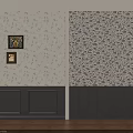 Light And Dark Patterned Wallpaper Wall With Small Framed Artworks Dark Paneling And Wooden Floor