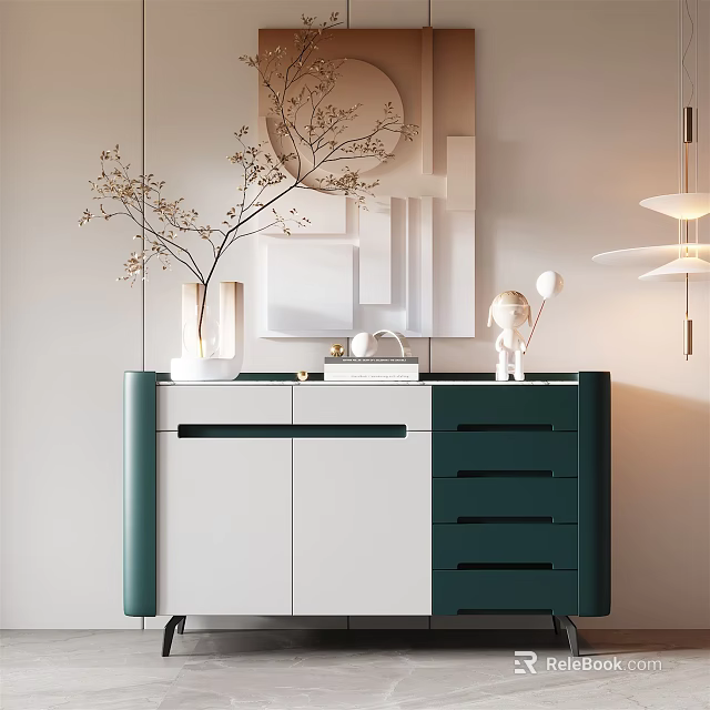Modern Entryway Console Cabinet With Green And White Finish And Decorative Vase 3d model 