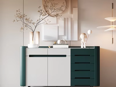 Modern Entryway Console Cabinet With Green And White Finish And Decorative Vase 3d model