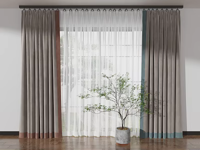 Modern Double Layer Curtains With Thick Panels Sheer Window Covering And Potted Plant 3d model