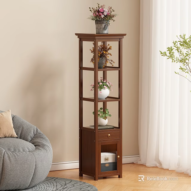 Wooden Tiered Flower Stand With Potted Plants And Drawer In Living Room 3d model 