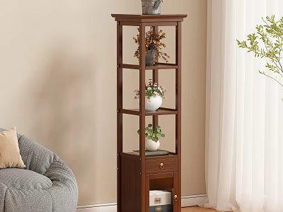 Wooden Tiered Flower Stand With Potted Plants And Drawer In Living Room 3d model