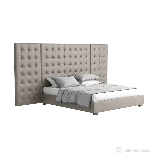 Double Bed with Upholstered Tufted Headboard in Light Gray Featuring Modern Frame and Soft Pillows 3d model