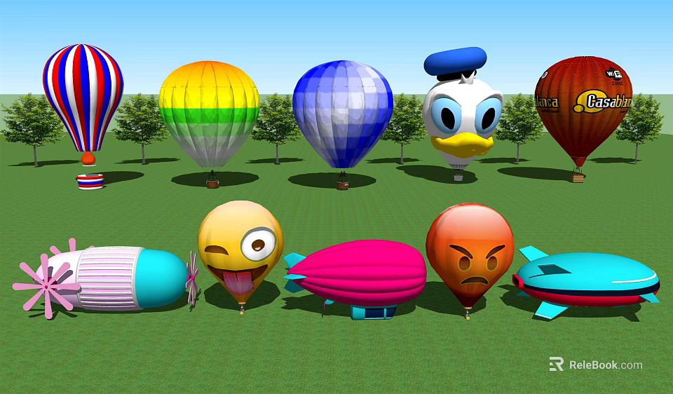 Colorful Hot Air Balloons And Emoji Shaped Airships For Kids Amusement Rides 3d model 
