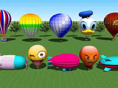 Colorful Hot Air Balloons And Emoji Shaped Airships For Kids Amusement Rides 3d model