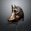 Artistic Bronze Wild Boar Sculpture With Shiny Surface On Gray Background