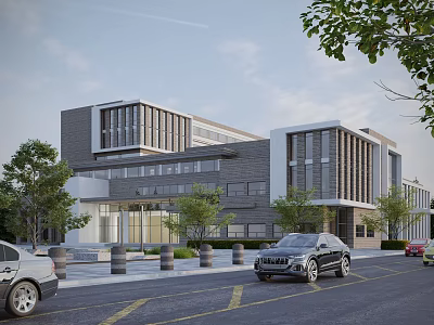 Modern Office Building Exterior With Glass Curtain Walls Gray Stone And Trees 3d model