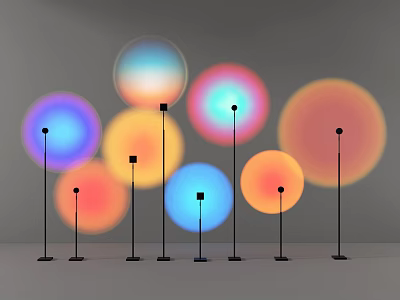 Multiple Modern Floor Lamps Featuring Colorful Light Projection and Vibrant Hues 3d model