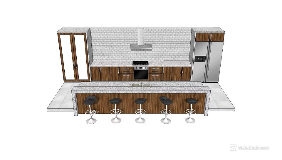 Modern Kitchen Design With Wooden Cabinets Island Counter And Bar Stools 3d model 